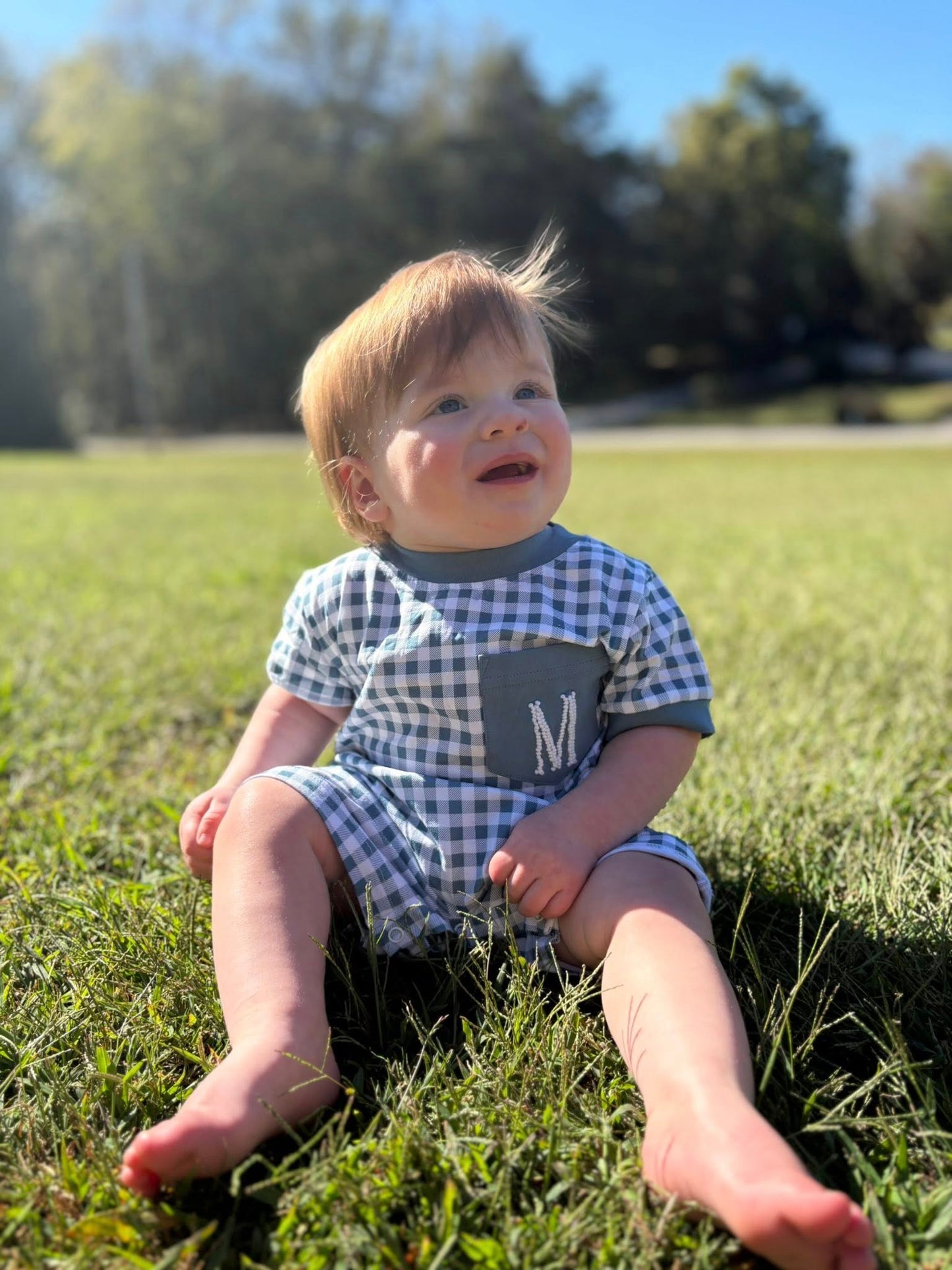BLUE STONE FLORAL & GINGHAM BOY ROMPER