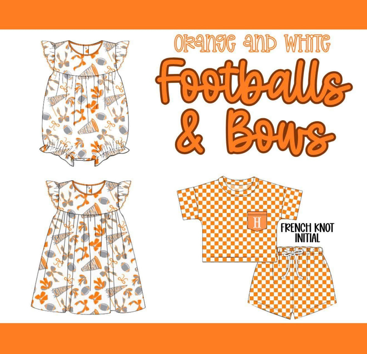ORANGE & WHITE FOOTBALL AND BOWS BOY SHORT SET