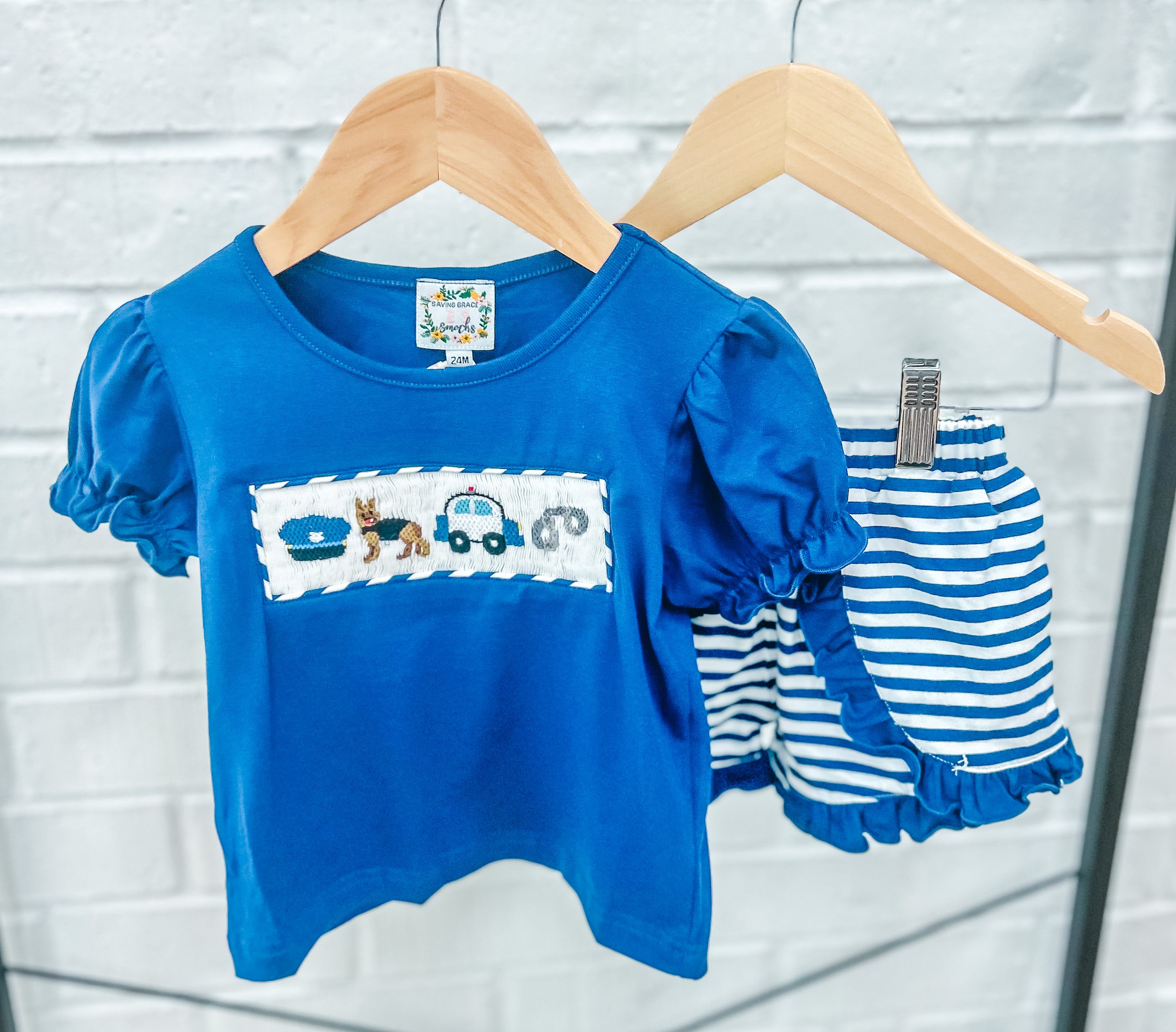 GIRL 'BACK THE BLUE' SMOCKED SHORT SET Saving Grace Smocks