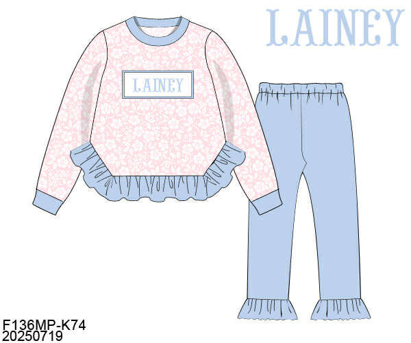 WS PO80: Girls Ruffled Pink Floral Name Smock Pants Set