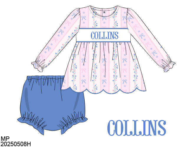 WS PO80: Girls Periwinkle & Trellis Name Smock Bloomer Set