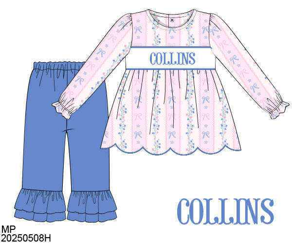 WS PO80: Girls Periwinkle & Trellis Name Smock Pants Set