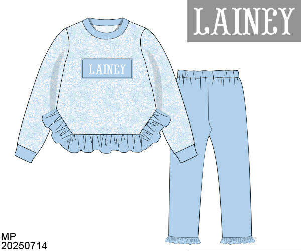 WS PO80: Girls Ruffled Blue Floral Name Smock Pants Set