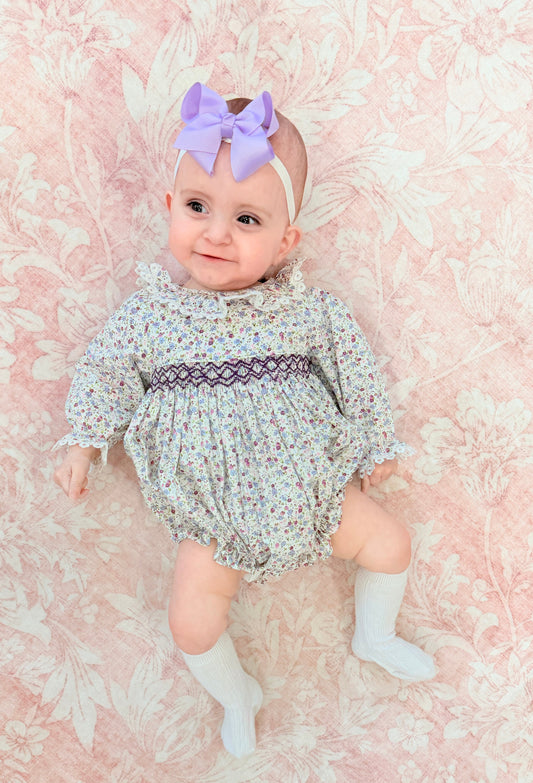 TINY LAVENDER FLORAL SMOCKED BUBBLE