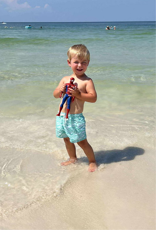 BOYS TOTALLY FUNKY TEAL SWIM TRUNKS
