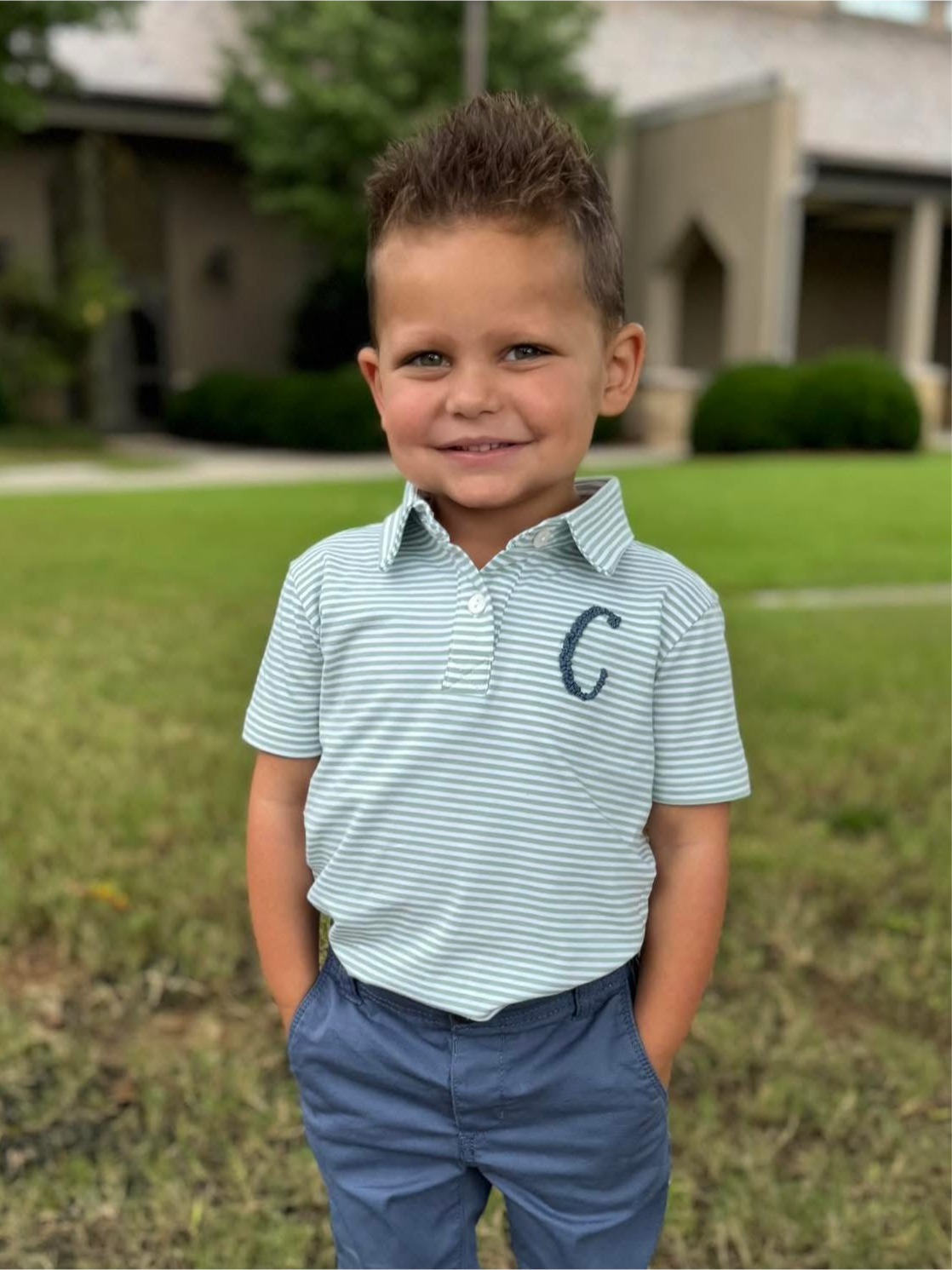BOYS GREEN STRIPE POLO