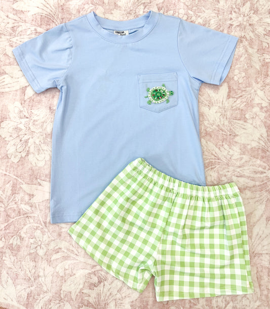 BOYS FRENCH KNOT SEA TURTLES SHORT SET