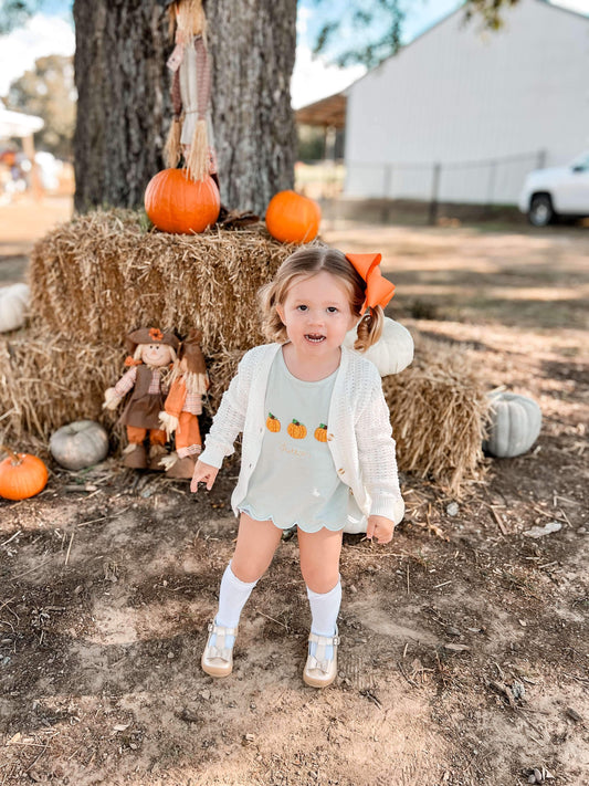 FRENCH KNOT PUMPKIN TRIO GIRL BUBBLE SHORT SET