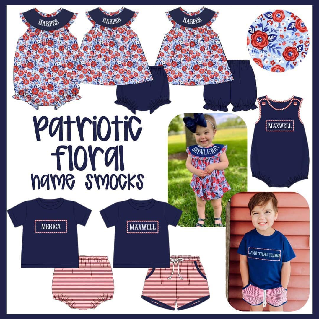 PATRIOTIC FLORAL NAME SMOCK BOY SHORT SET