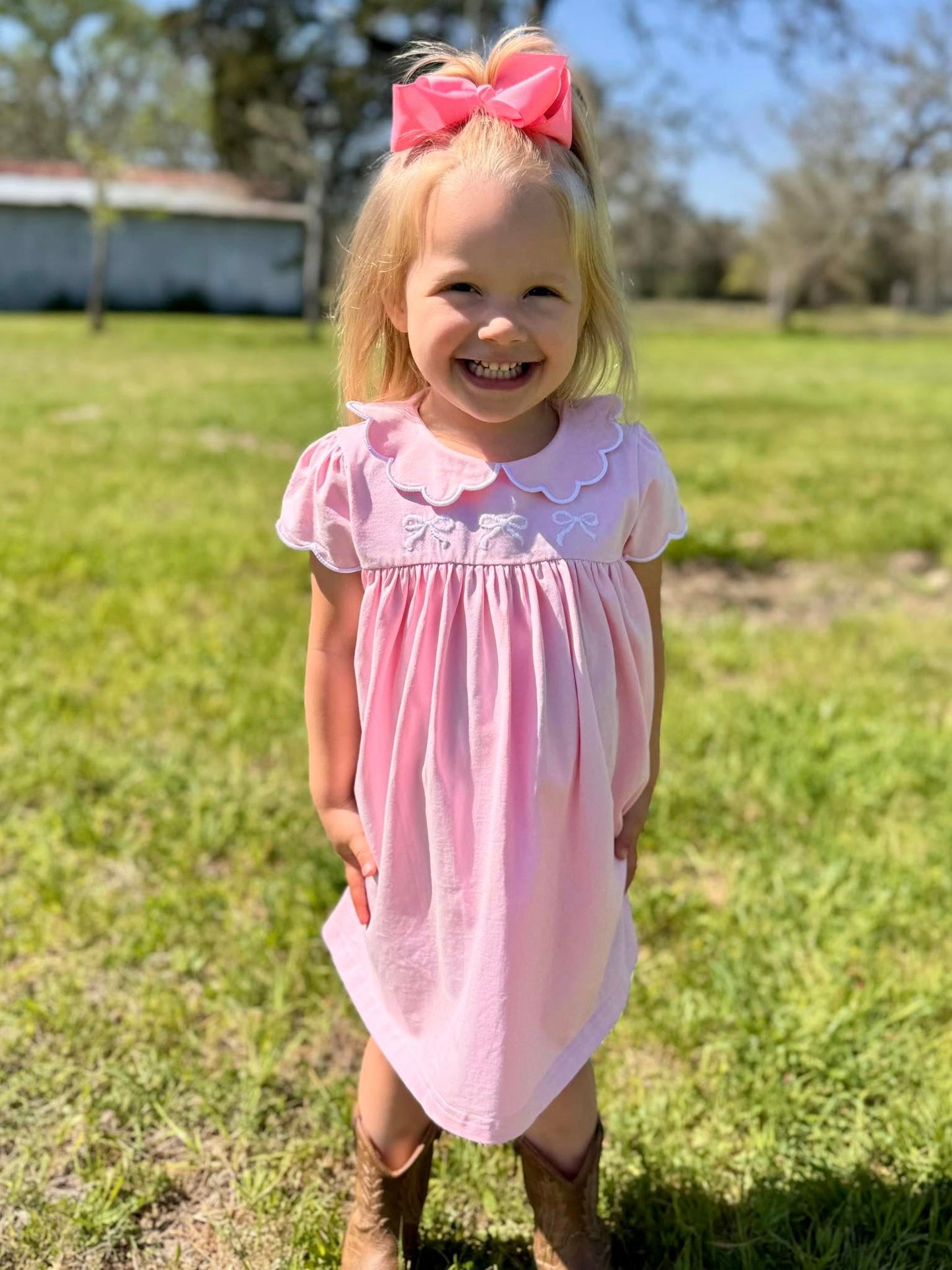 GIRLS SIMPLE BOW EMBROIDERED DRESS