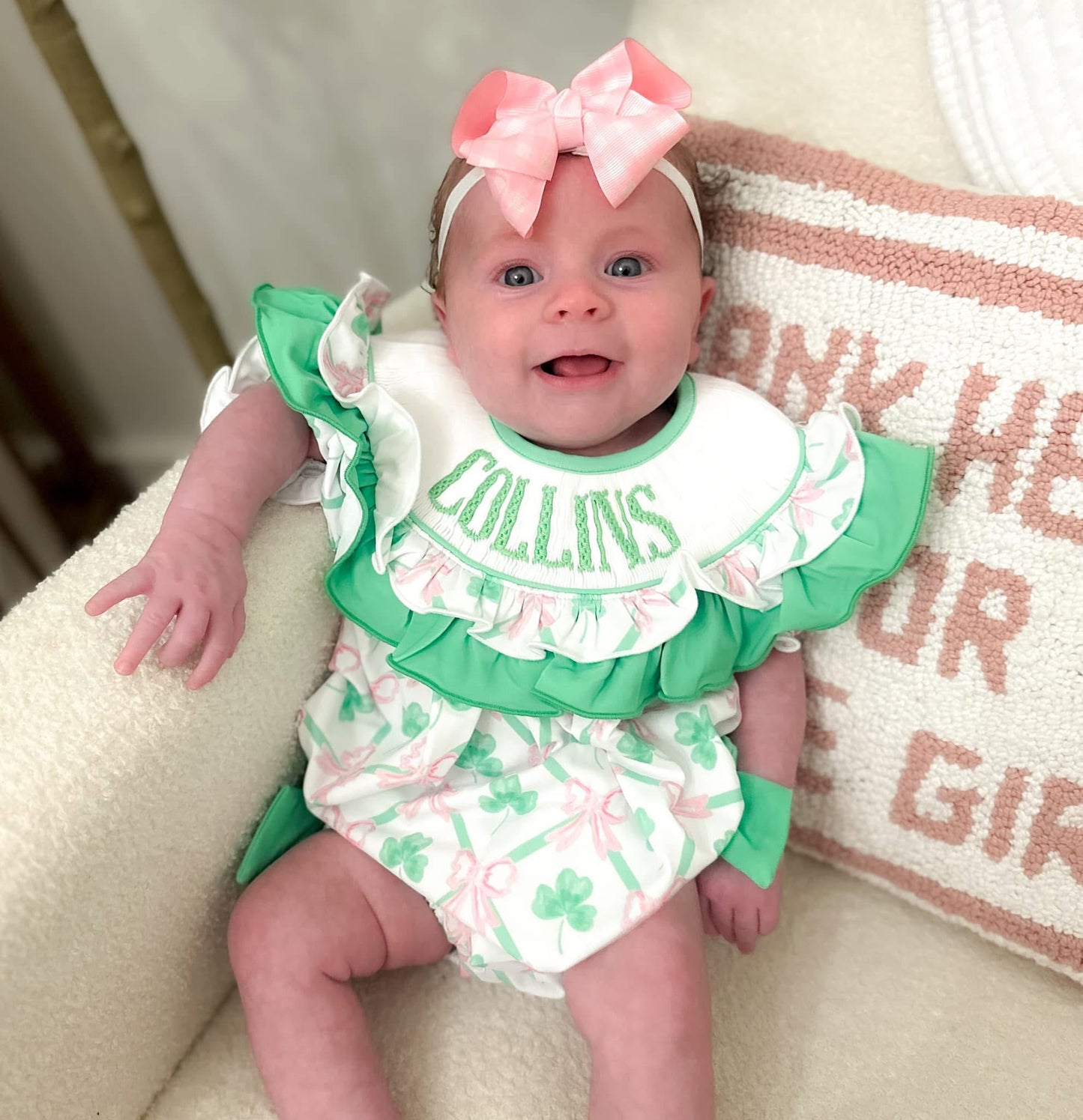 “LUCKY CHARM” SHAMROCK SMOCK GIRL BUBBLE