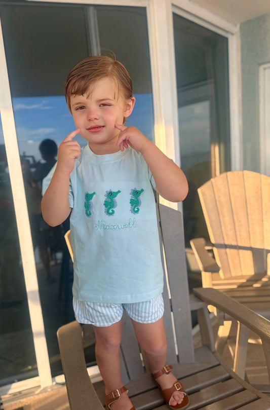 FRENCH KNOT SEAHORSES BOY SHORT SET