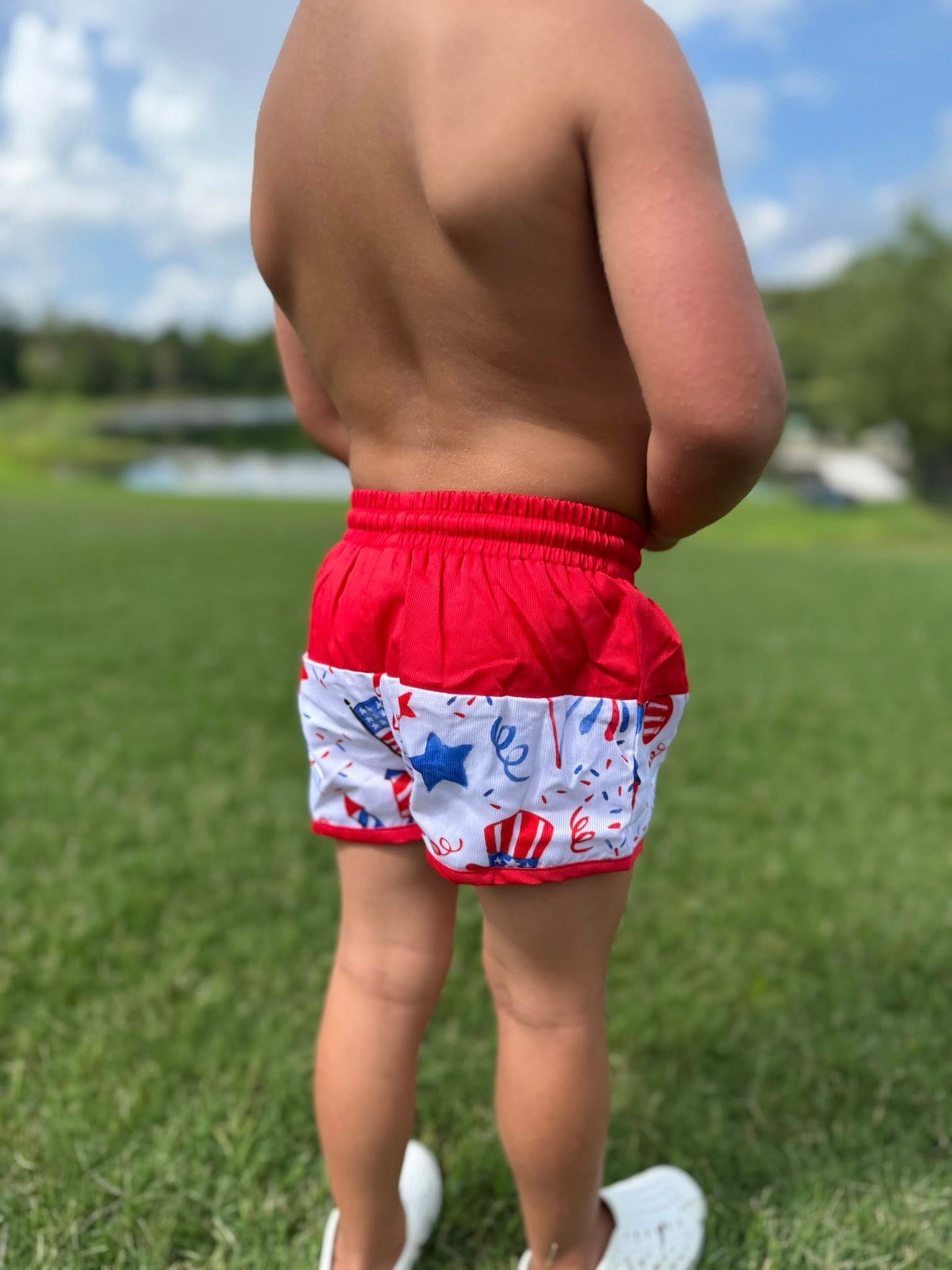 RED, WHITE, AND BLUE SWIM BOY TRUNKS