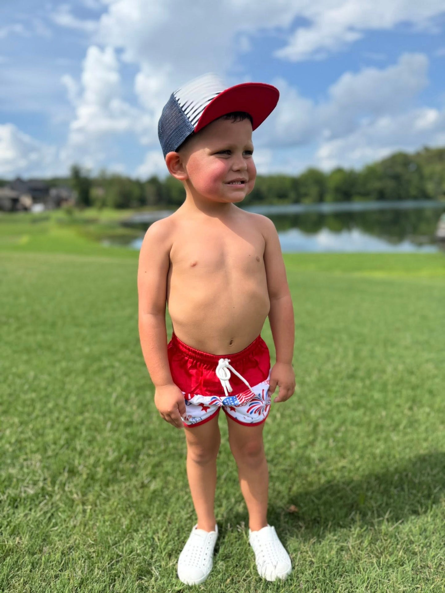 RED, WHITE, AND BLUE SWIM BOY TRUNKS