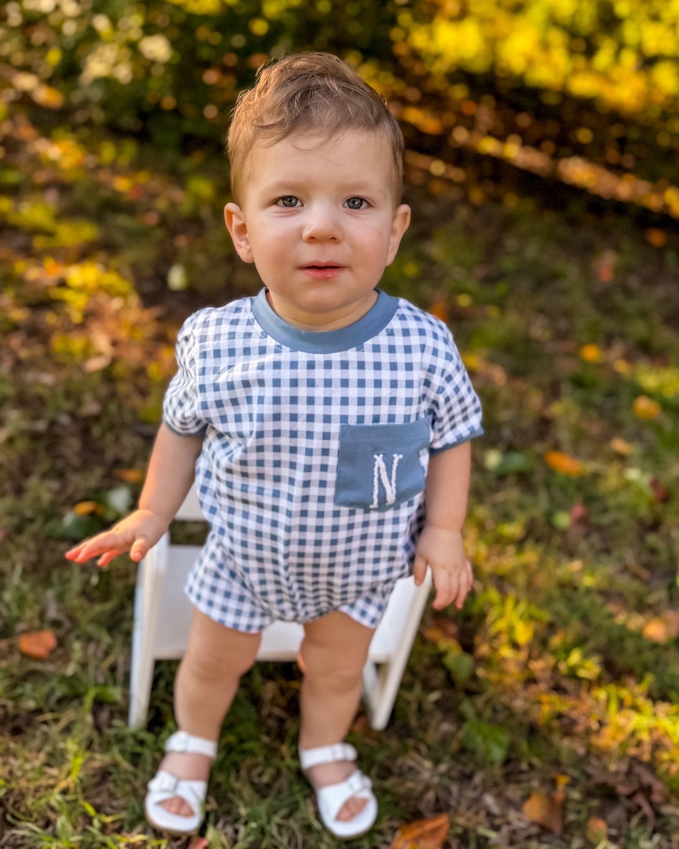 BLUE STONE FLORAL & GINGHAM BOY ROMPER