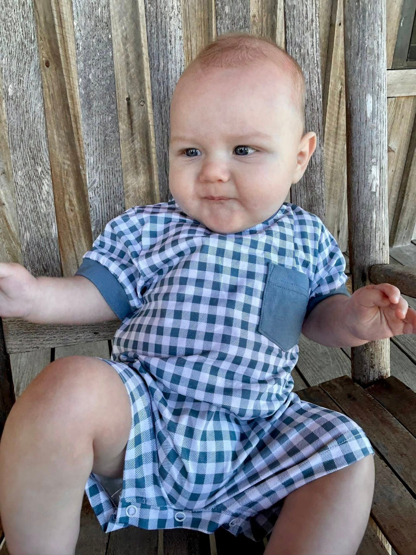 BLUE STONE FLORAL & GINGHAM BOY ROMPER