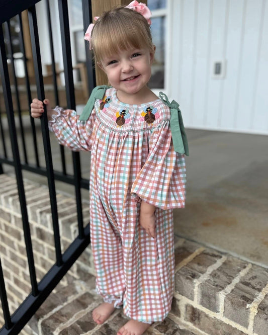 GINGHAM TURKEY SMOCK GIRL ROMPER