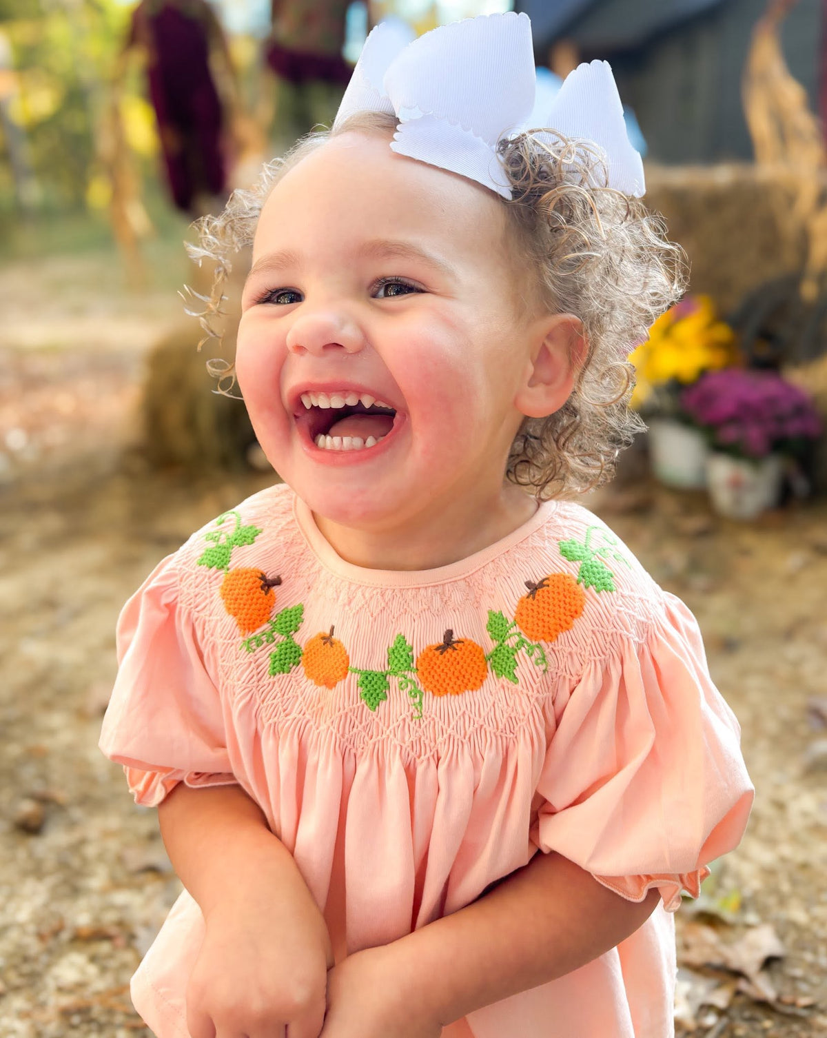 GIRL PUMPKIN VINE SMOCKED BUBBLE
