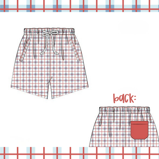 MENS PATRIOTIC PLAID SWIM TRUNKS