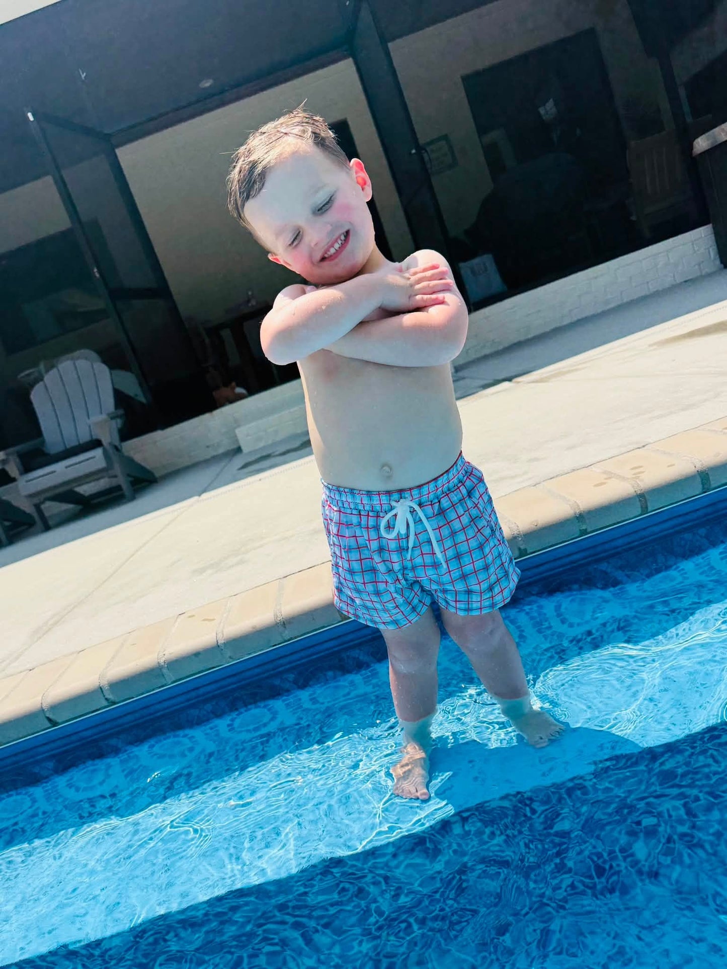 BOYS PATRIOTIC PLAID SWIM TRUNKS