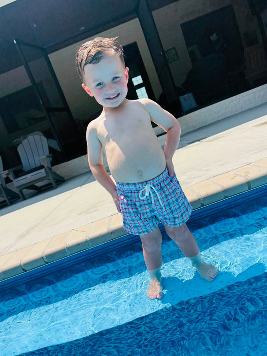 BOYS PATRIOTIC PLAID SWIM TRUNKS