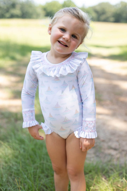 GIRLS COME SAIL AWAY SMOCKED 1PC SWIMSUIT