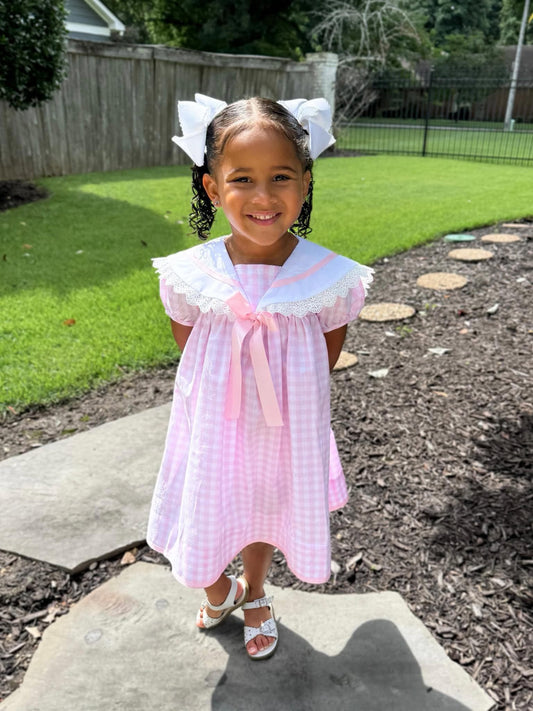 GIRLS PINK GINGHAM SCALLOP DRESS