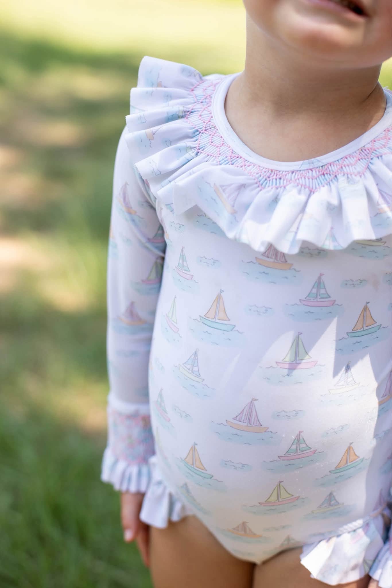 GIRLS COME SAIL AWAY SMOCKED 1PC SWIMSUIT
