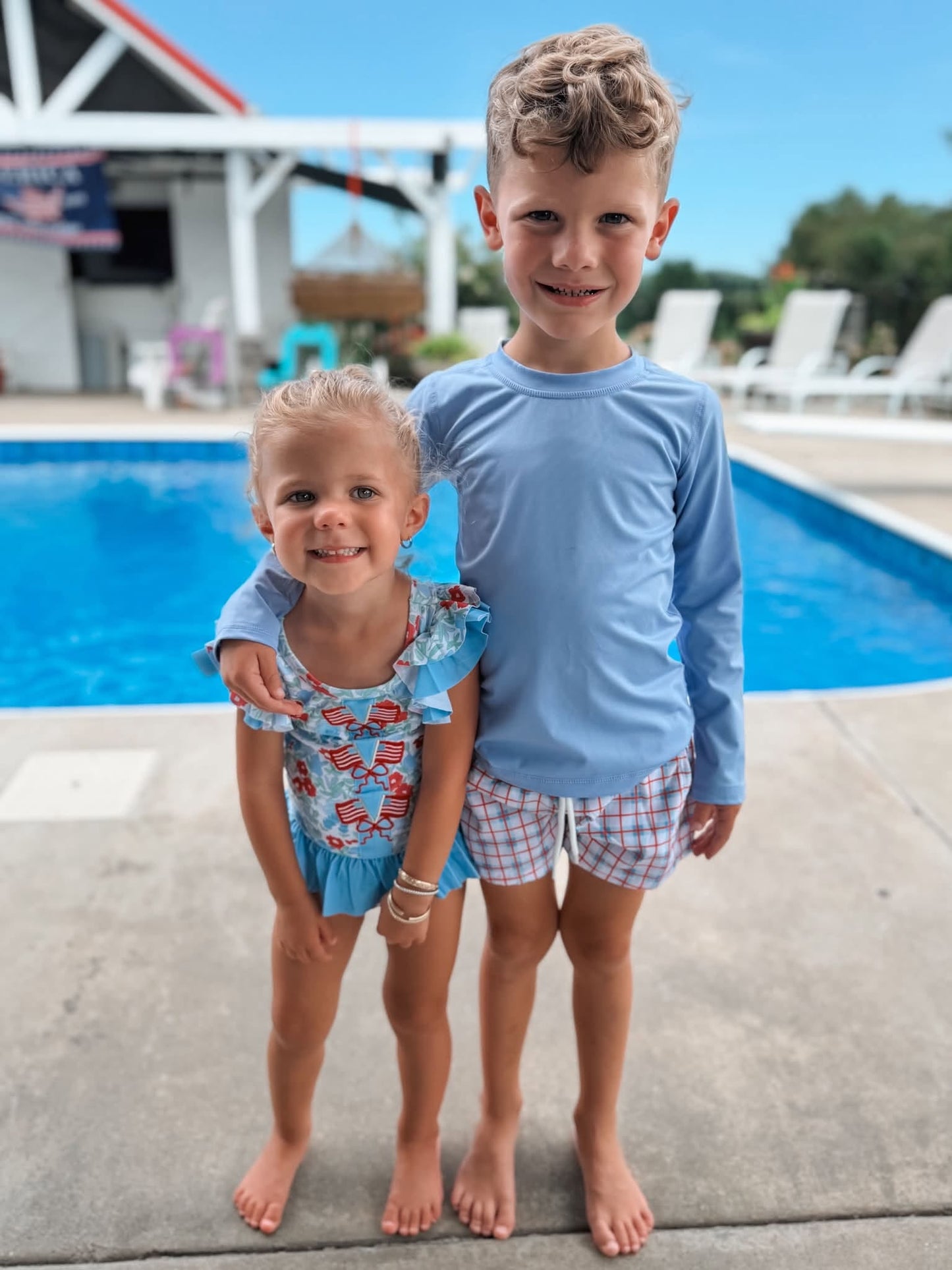 BOYS PATRIOTIC PLAID SWIM TRUNKS