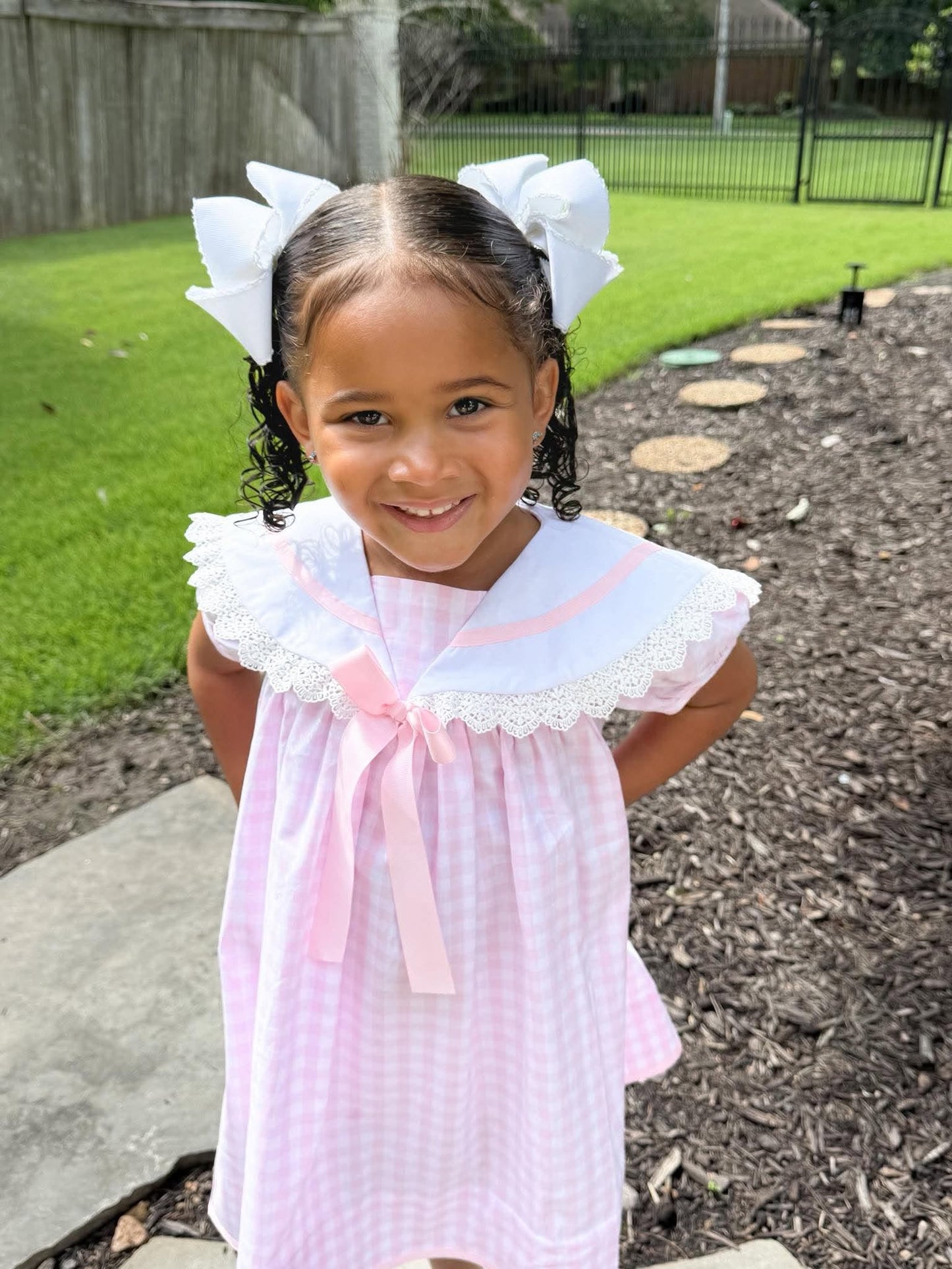 GIRLS PINK GINGHAM SCALLOP DRESS