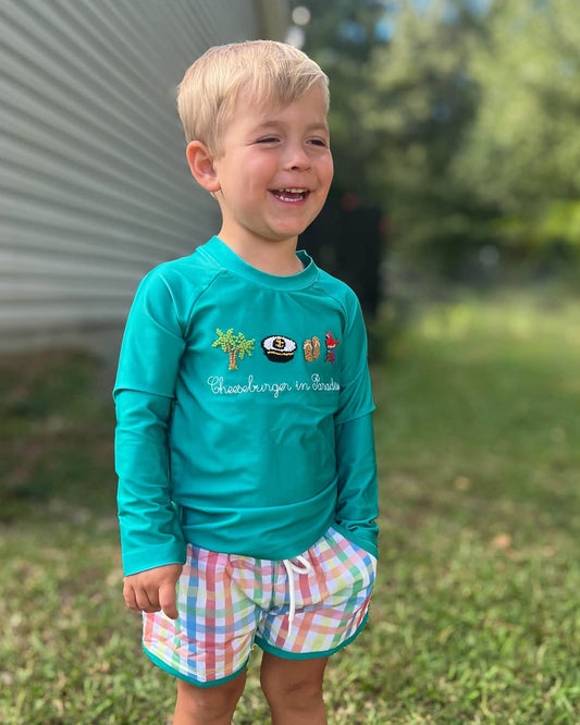 BOYS CHEESEBURGER IN PARADISE SHORTIE SWIM TRUNK SET