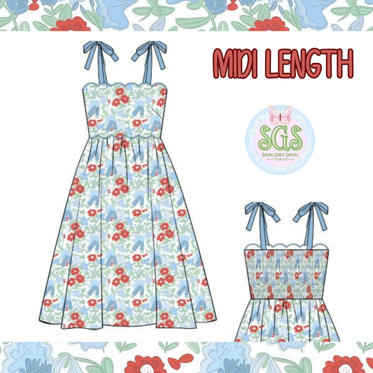 WOMENS PATRIOTIC PETALS SCALLOPED MIDI DRESS