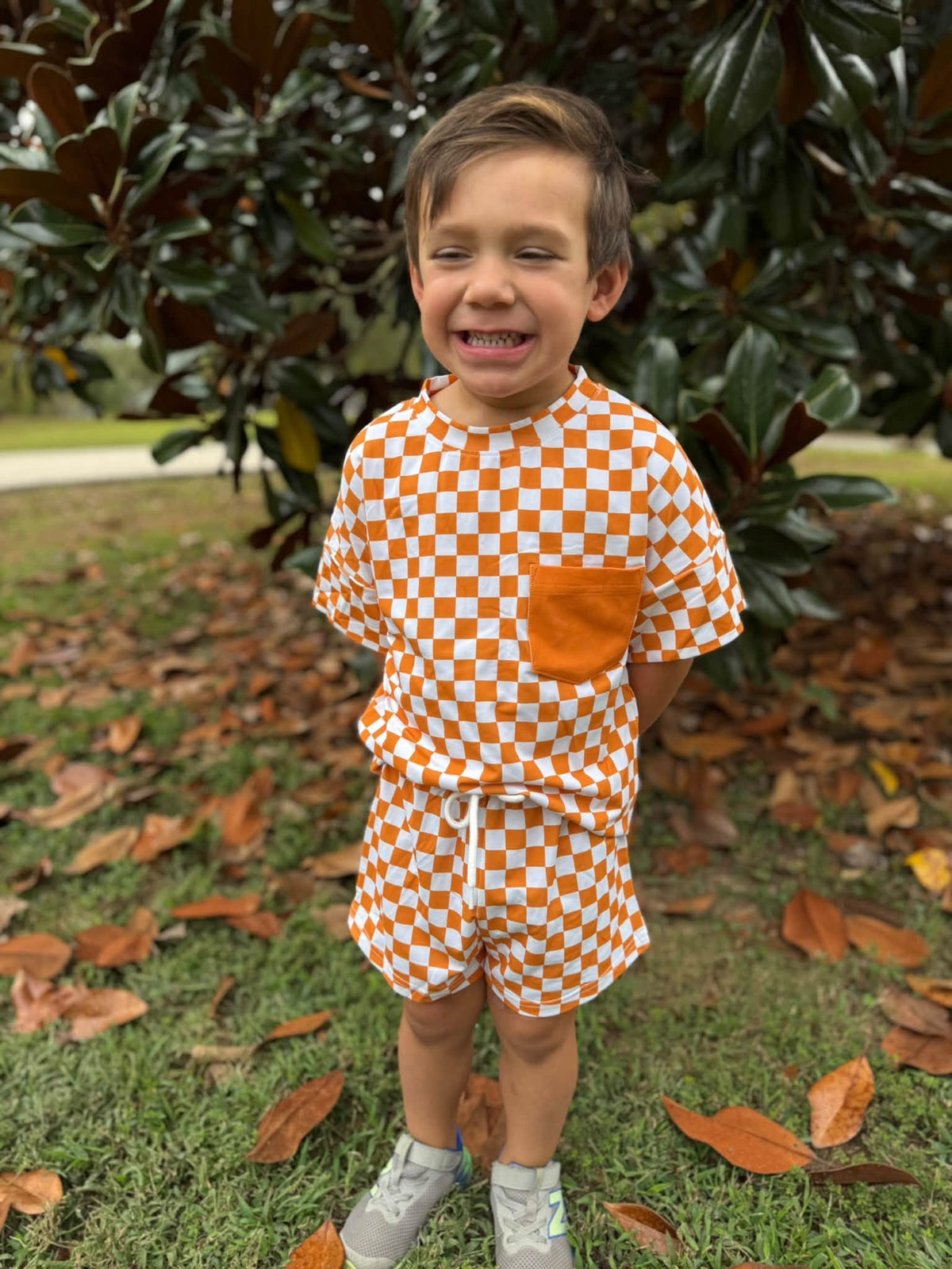 ORANGE & WHITE FOOTBALL AND BOWS BOY SHORT SET