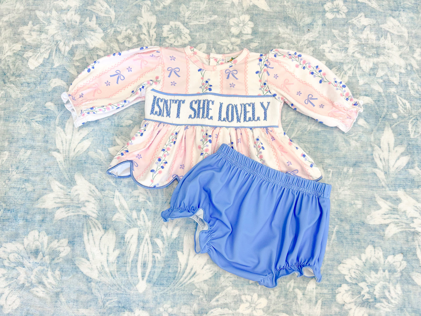 “ISN’T SHE LOVELY” PERIWINKLE SMOCK BLOOMER SET