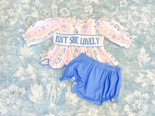 “ISN’T SHE LOVELY” PERIWINKLE SMOCK BLOOMER SET