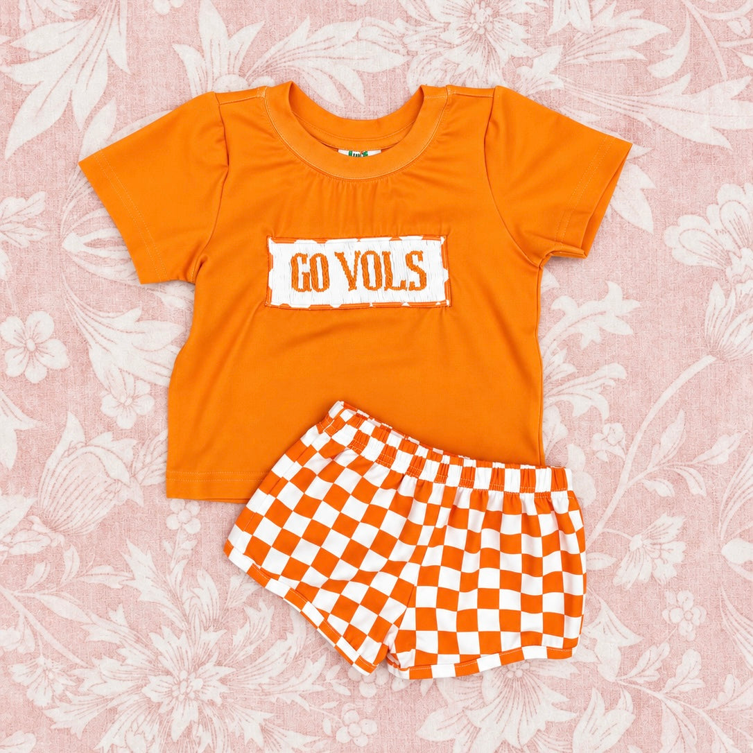 BOY ORANGE & WHITE CHECKERED SMOCKED SHORT SET