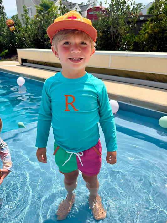 BOYS BRIGHT SWIM TRUNKS + RASHGUARD SET