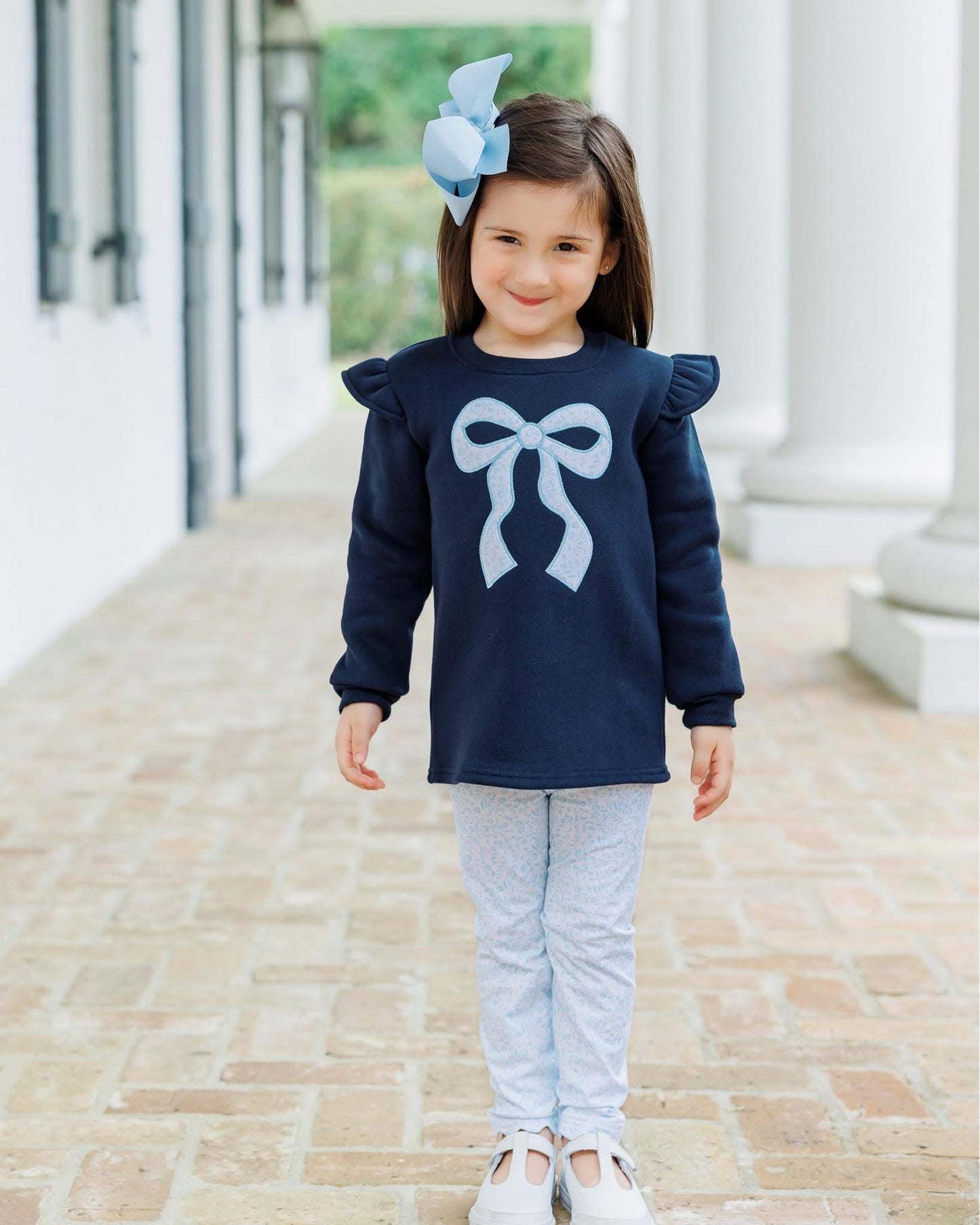 GIRLS BLUE FLORAL BOW PULLOVER LEGGING SET