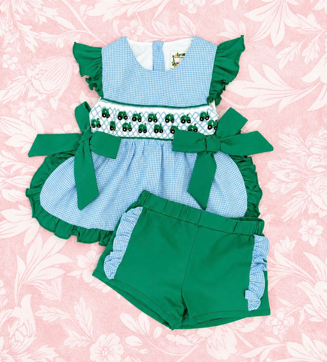 BIG GREEN TRACTOR GIRL SHORT SET