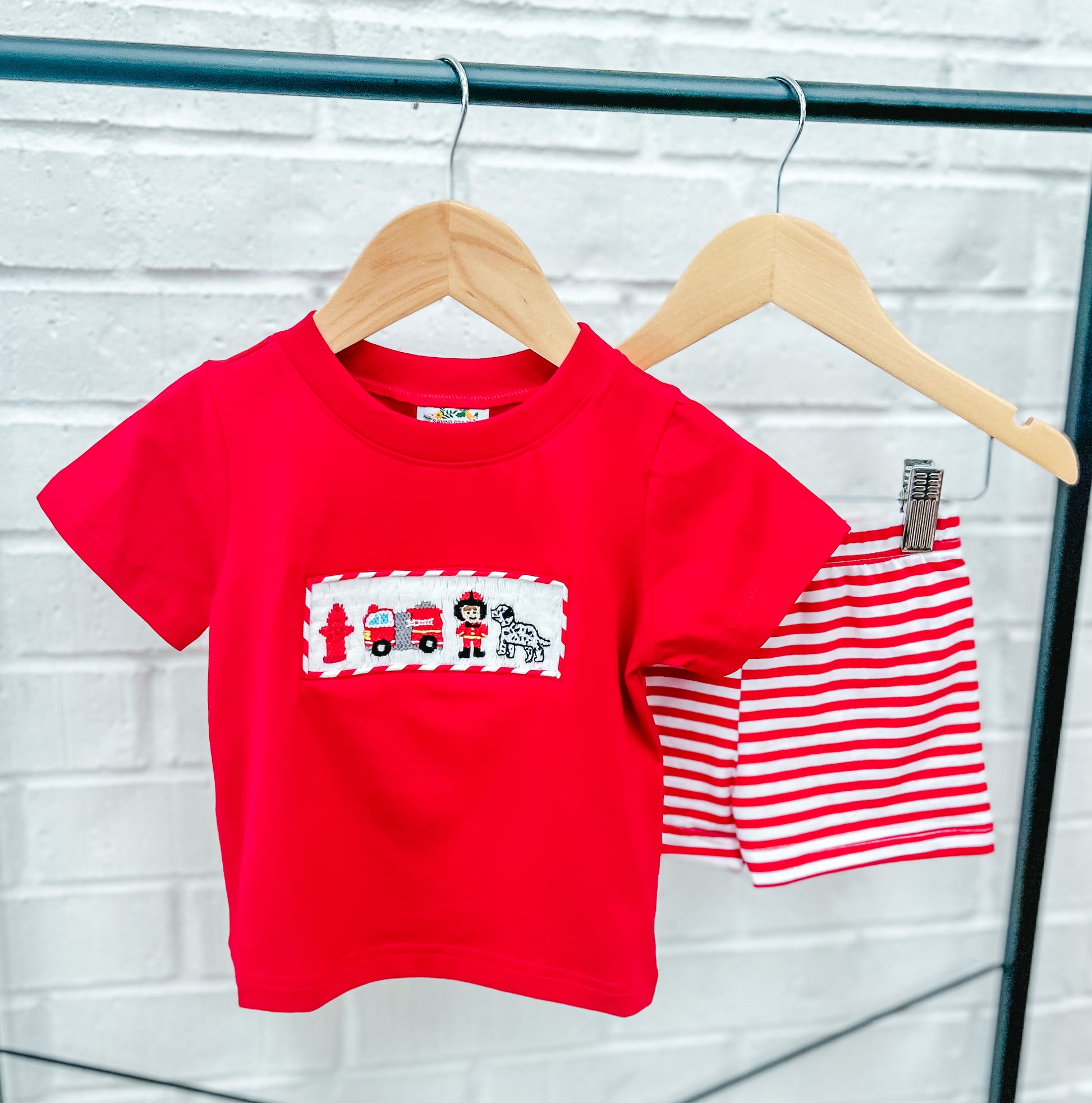 BOY FIRETRUCK SMOCKED SHORT SET Saving Grace Smocks