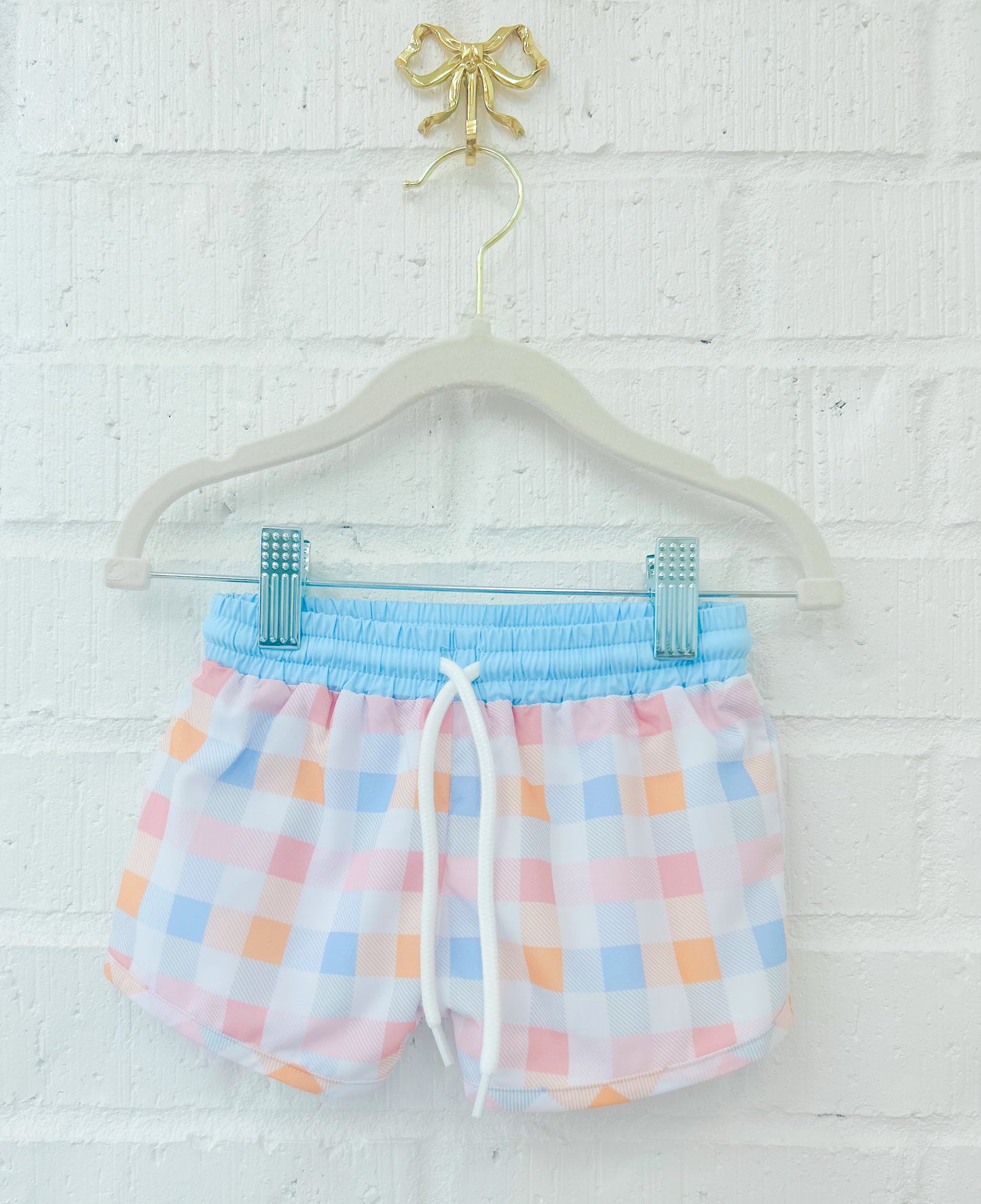 COLLIN’S FLORAL AND GINGHAM SWIM BOY TRUNKS