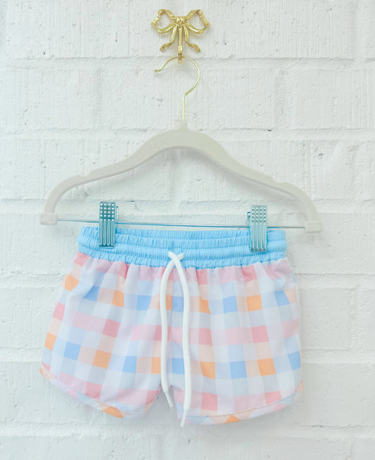 COLLIN’S FLORAL AND GINGHAM SWIM BOY TRUNKS