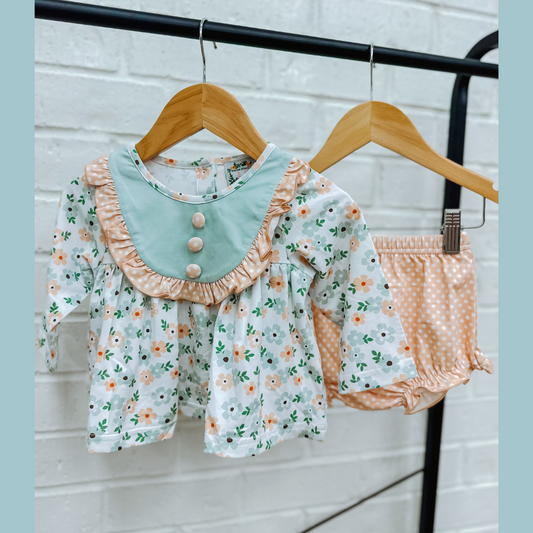 PEACH FLORAL AND GINGHAM BLOOMER SET