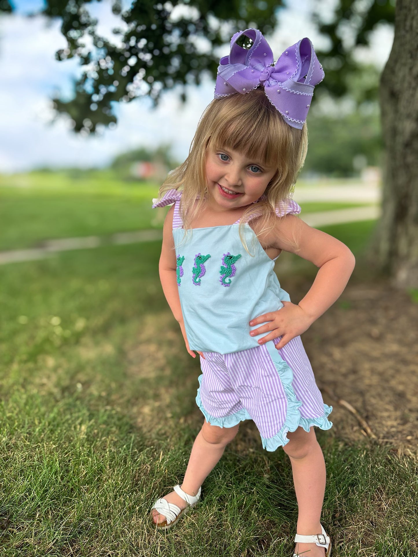 FRENCH KNOT SEAHORSES GIRL SHORT SET