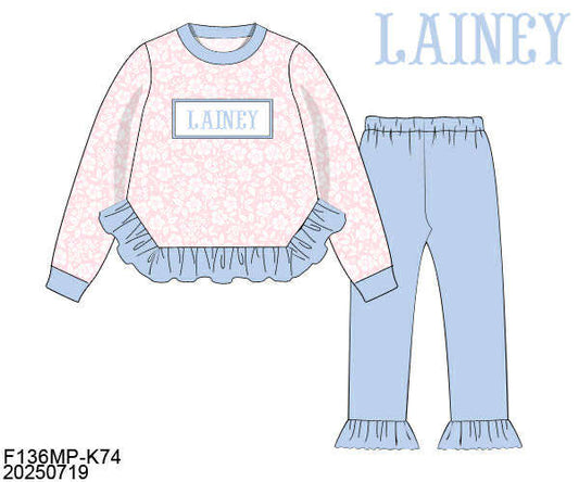 WS PO80: Girls Ruffled Pink Floral Name Smock Pants Set
