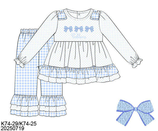 WS PO80: Girls Blue Gingham Bows Pants Set