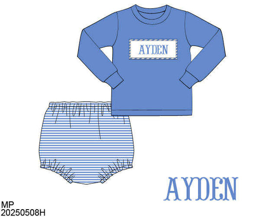 WS PO80: Boys Periwinkle & Trellis Name Smock Diaper Set