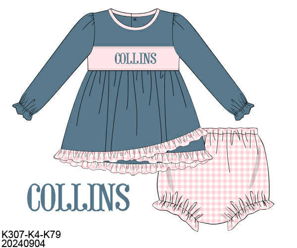 WS PO80: Girls Gingham Name Smock Bloomer Set