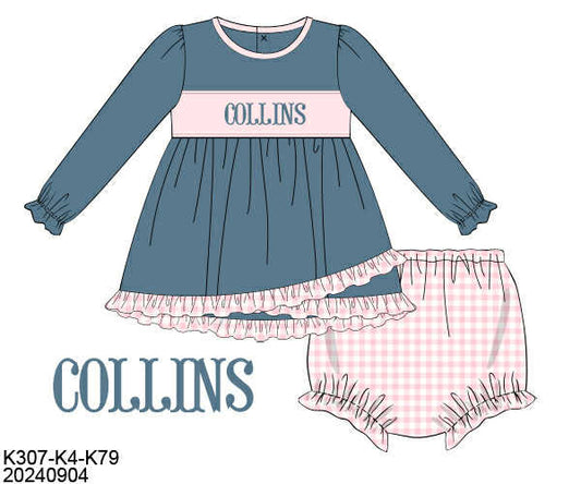 WS PO80: Girls Gingham Name Smock Bloomer Set
