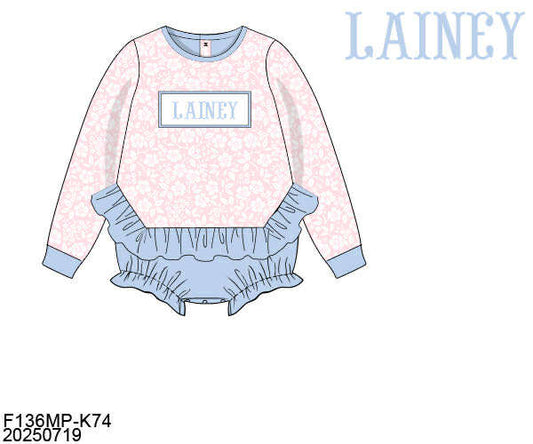 WS PO80: Girls Ruffled Pink Floral Name Smock Bubble